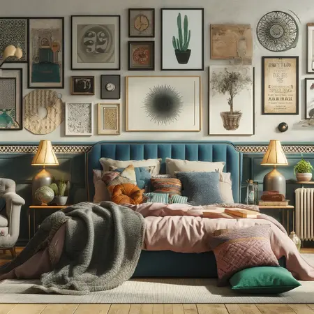 Sypialnia w stylu art deco i boho z niebieskim łóżkiem i kolorowymi poduszkami.