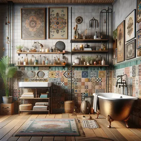 Wnętrze łazienki w stylu art deco i boho z kolorowymi płytkami.