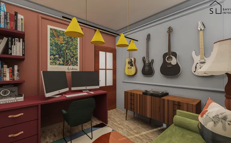 Wnętrze gabinetu z komputerami, gitarami i minimalistycznym designem.