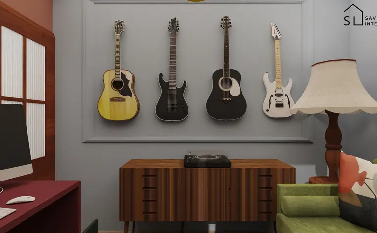 Wnętrze z gitarami na ścianie i nowoczesnym stolikiem w minimalistycznym stylu.