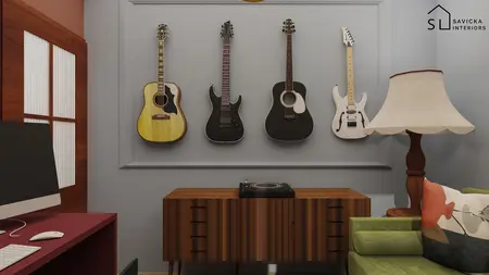 Wnętrze z gitarami na ścianie i nowoczesnym stolikiem w minimalistycznym stylu.
