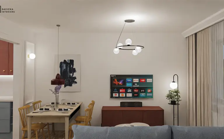 Wnętrze z minimalistyczną jadalnią oraz telewizorem, drewniane akcenty.