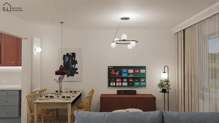 Wnętrze z minimalistyczną jadalnią oraz telewizorem, drewniane akcenty.