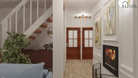 Przedpokój z minimalistycznym wystrojem, drewnianymi drzwiami i rośliną.