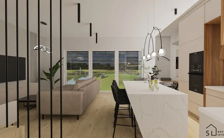 Nowoczesne wnętrze salonu z białą kuchnią i roślinami, minimalistyczny design.