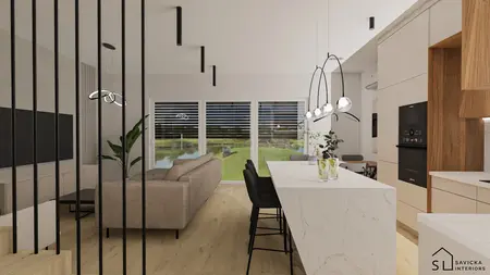 Nowoczesne wnętrze salonu z białą kuchnią i roślinami, minimalistyczny design.