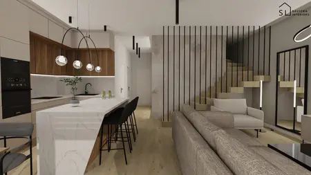 Wnętrze kuchni z minimalistycznym designem, drewniane meble i biały blat.